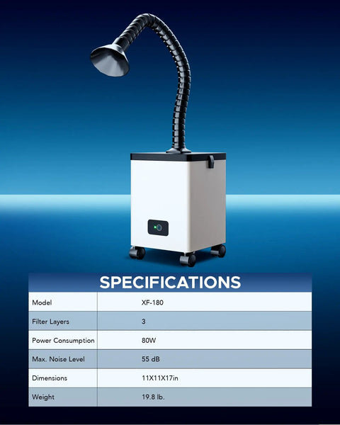 Smooth Rolling Heavy Duty Fume Extractor With Three Stage Air Filter And Killer Eighty Watt Motor for Laser Cutters, showing adjustable arm.