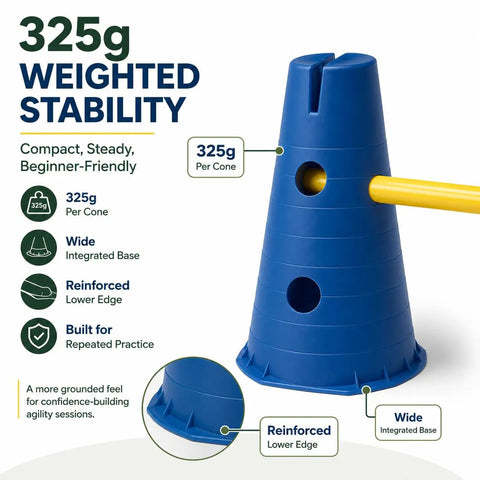 Close-up of 325g blue cone with yellow pole from Dog Agility Hurdle Set 12 Inch Adjustable Jump Training for Backyard.