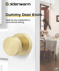 Gold Dummy Door Knob installed on a white door, advertising for residential use, highlighting the brushed gold finish.