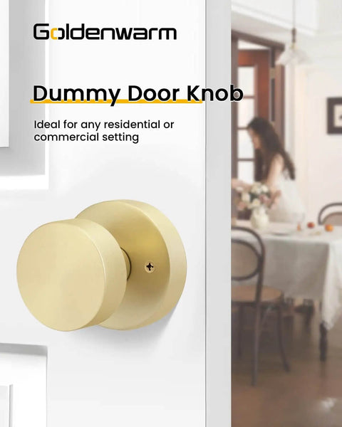 Gold Dummy Door Knob installed on a white door, advertising for residential use, highlighting the brushed gold finish.