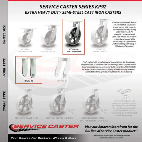 Extra Heavy Duty 10 Inch Caster Set Featuring Rock Solid Semi Steel Cast Iron Wheels includes swivel and rigid options for heavy loads.