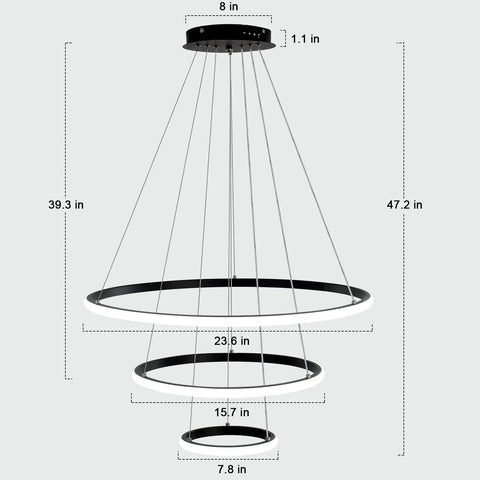 Cool Black LED Chandelier With 3 Color Temps 3000K 4000K 6000K, 60W Hanging Light Fixture dimensions and design.