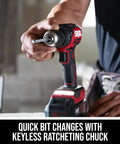 Person using Power Core 20 Brushless 20V Compact Three In One Hammer Drill Kit with One Half Inch Keyless Chuck