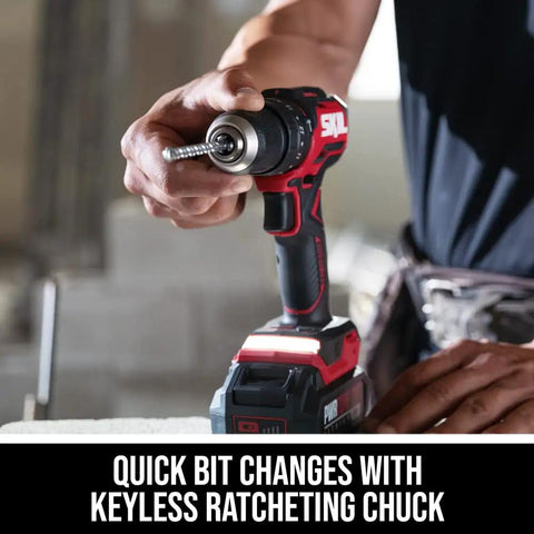 Person using Power Core 20 Brushless 20V Compact Three In One Hammer Drill Kit with One Half Inch Keyless Chuck