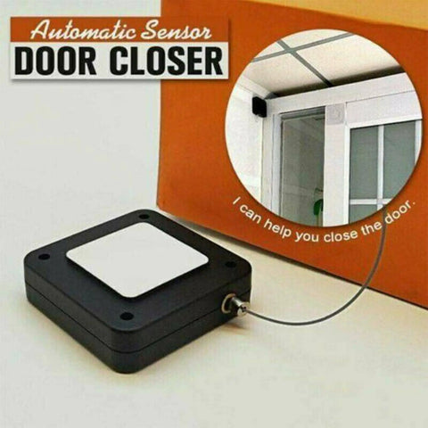 Two Pack Multifunctional Sensor Automatic Door Closer with 800G Pull Strength shown with installation diagram and packaging