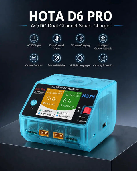 Dual Channel 650W Smart LiPo Battery Charger With Wireless Charging Panel And USB Output For 1 To 6S LiPo LiHV NiMH Pb Batteries For RC Cars Boats And FPV Drones Beefy Power, showing interface and ports.