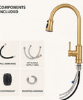 Gold Brushed Nickel Kitchen Faucet with Pull Down Sprayer, 3 Mode Sprayer components including hoses and mounting hardware.