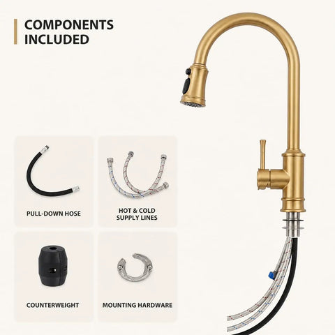 Gold Brushed Nickel Kitchen Faucet with Pull Down Sprayer, 3 Mode Sprayer components including hoses and mounting hardware.