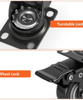 Close-up of turntable lock and wheel lock mechanisms on 2 Inch Heavy Duty PU Caster Wheels Set of 4 With 2 Swivel Casters With Brakes.