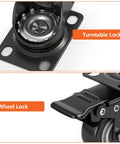 Close-up of 2 Inch Black Mixed Locking And Fixed Casters Set Of 4 showing turntable and wheel lock features.