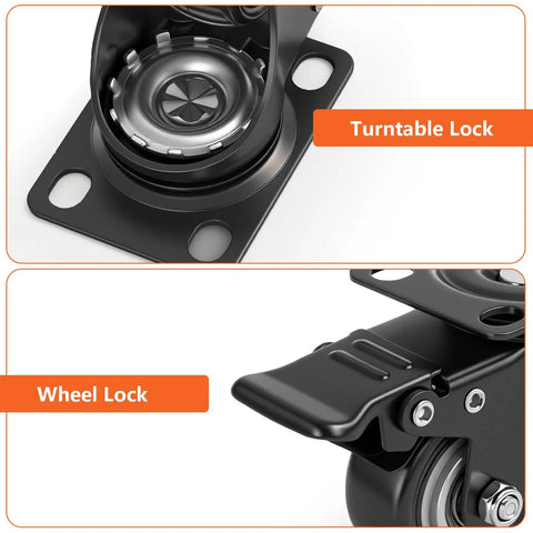 Close-up of 2 Inch Black Mixed Locking And Fixed Casters Set Of 4 showing turntable and wheel lock features.