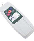 Digital Push Pull Dynamometer Meter With Backlit LCD Portable Force Gauge For Tension And Compression Testing Real Time And Peak Readouts N Lb Kg Oz Units Auto Power Off Storage Box Precision Machined Plus Minus 1 Percent, white handheld unit