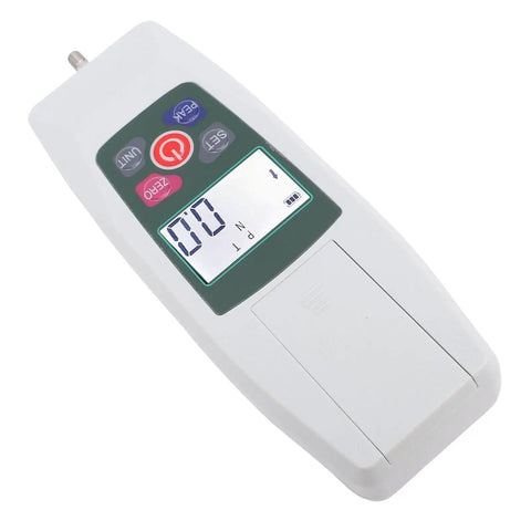 Digital Push Pull Dynamometer Meter With Backlit LCD Portable Force Gauge For Tension And Compression Testing Real Time And Peak Readouts N Lb Kg Oz Units Auto Power Off Storage Box Precision Machined Plus Minus 1 Percent, white handheld unit