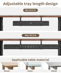 Expandable Under Desk Cable Management Tray Clamp-On For Home Office And Standing Desk, Heavy Duty Carbon Steel Hidden Cord Organizer, No Drill Installation, shown on wood, glass, metal tables