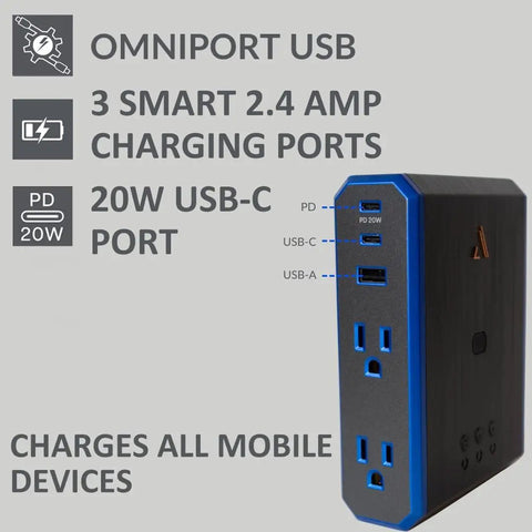 V Series Wall Power Four Outlet Surge Protector With 3000 Joules, EMI RFI Filtration, USB C 20W PD Fast Charger, front view
