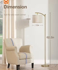 Brass Gold Floor Lamp With Linen Beige Shade, 3CCT 3000K 4500K 6500K Adjustable Color Temperature, 9W LED Included, dimensions shown