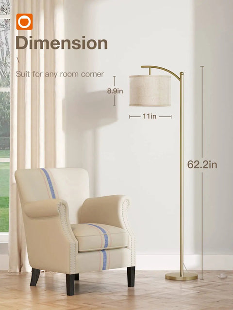 Brass Gold Floor Lamp With Linen Beige Shade, 3CCT 3000K 4500K 6500K Adjustable Color Temperature, 9W LED Included, dimensions shown