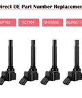 Set Of 4 Ignition Coil Packs Fits VW Passat Beetle Jetta GTI Golf Audi A3 A4 1.8L And 2.0L Engines With Easy Install Direct Fit Replacement UF765 GN10632 shown against a white background.