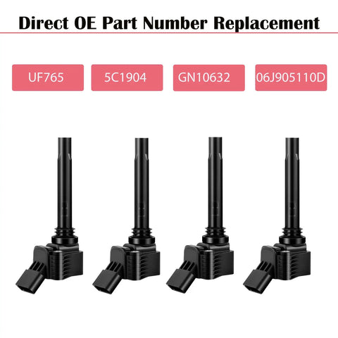 Set Of 4 Ignition Coil Packs Fits VW Passat Beetle Jetta GTI Golf Audi A3 A4 1.8L And 2.0L Engines With Easy Install Direct Fit Replacement UF765 GN10632 shown against a white background.