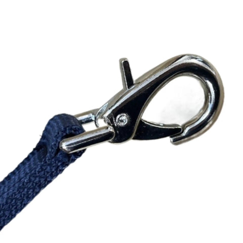 Close-up of a solid nickel buckle on a heavy-duty nylon lunge strap, part of a Double Buckle Swivel Lunging Chin Strap for Horse Training.