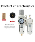All-In-One Three Eighths Inch Compressed Air Filter Regulator Lubricator Combo With Water And Oil Trap Separator, brass components