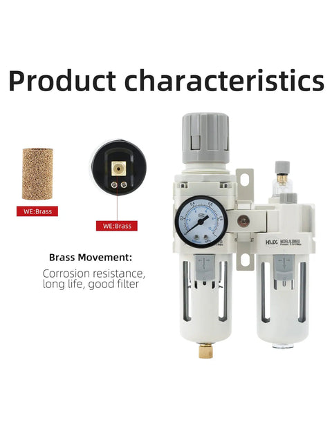 All-In-One Three Eighths Inch Compressed Air Filter Regulator Lubricator Combo With Water And Oil Trap Separator, brass components