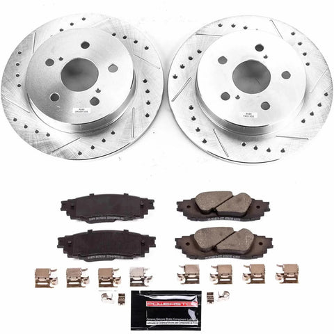 PowerStop rear brake kit, front view for Lexus ES/UX; two drilled/slotted rotors, four ceramic pads, hardware.