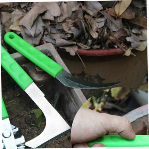 Root Digger Sickle With Serrated Hook For Weeds And Lawn Care Garden Tools Set Steel Scythes For Farming Supplies Comfortable Non Slip Grip Two Piece Weeding Mowing And Seedling Tool with green handle on soil.