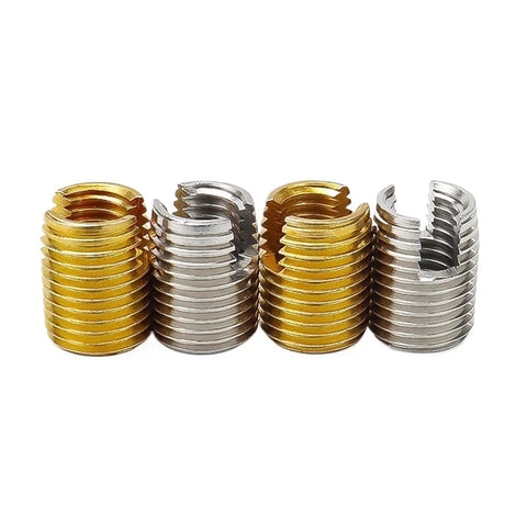 Heavy Duty Self Tapping Thread Inserts For Damaged Screw Holes, M2 To M20 Size Slotted Bushings In Carbon Steel; assorted sizes.