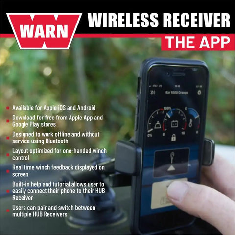 Smartphone app showing interface for Hub Wireless Receiver For Truck, SUV And Jeep Winches With Bluetooth Control.