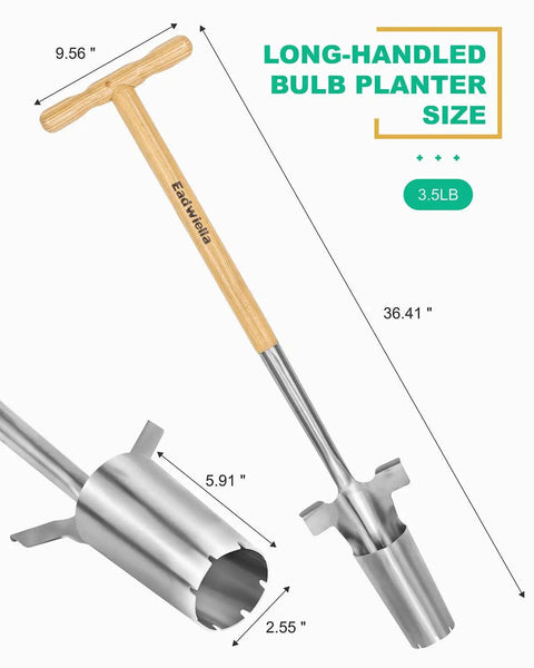 Long Handled Bulb Planter Tool With Depth Marker And Sharp Teeth For Tulips Daffodils And Other Flowers Easy Knee Free Transplanter And Sod Plugger For Garden Pro Plugging And Quick Planting dimensions and design details.