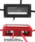 Tough As Nails 300A Power Distribution Block Waterproof Bus Bar Box with M8 terminals and removable wiring windows in red and black.