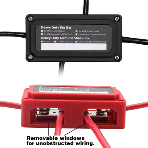 Tough As Nails 300A Power Distribution Block Waterproof Bus Bar Box with M8 terminals and removable wiring windows in red and black.
