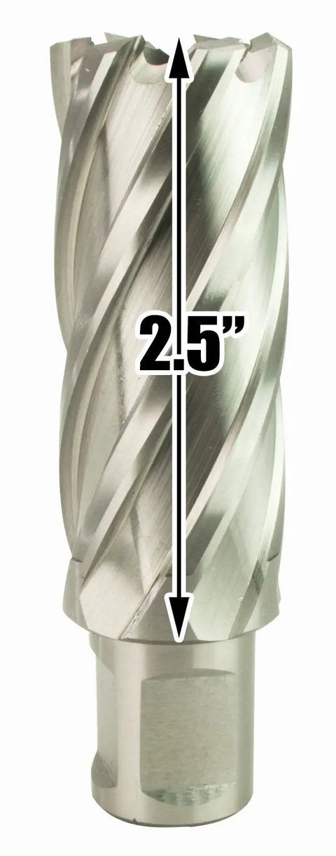 Annular cutter from seven piece kit, 2.5 inch size, designed for heavy metal drilling tasks with Pro Level Magnetic Drill Press.