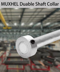 Close-up of zinc-plated 12 Pack Five Eighths Inch Bore Shaft Collars on a shaft in an industrial setting, MUXHEL branding visible.