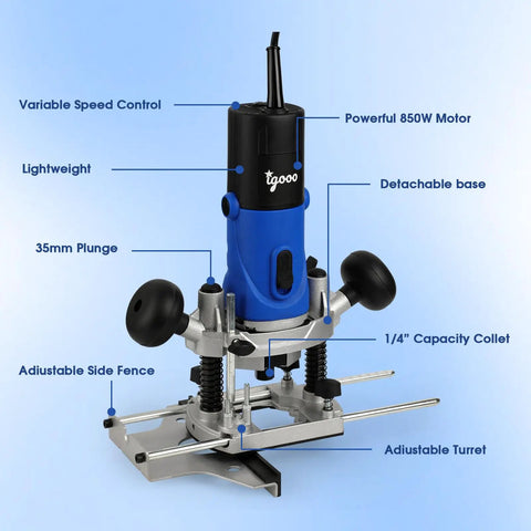 Powerful 850W Plunge Router Kit for Woodworking with Soft Start, adjustable side fence, detachable base, and 1/4" collet.