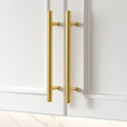 Close-up of 15 Pack Brushed Gold Stainless Steel Cabinet Handles Set Drawer Pulls for Kitchen Cabinets and Bathroom Vanities