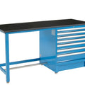 Heavy Duty 72 Inch Modular Workbench With Seven Sturdy Rolling Drawers And Phenolic Resin Edge, blue steel with black top.