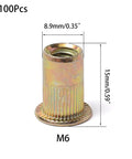 M6 Rivet Nuts Kit 100 Pcs Zinc Plated Carbon Steel Flat Head Rivnut Threaded Insert Nut With Knurled Body and dimensions