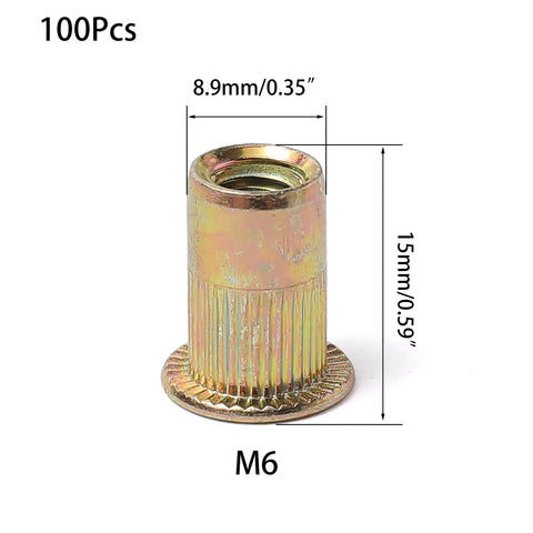 M6 Rivet Nuts Kit 100 Pcs Zinc Plated Carbon Steel Flat Head Rivnut Threaded Insert Nut With Knurled Body and dimensions