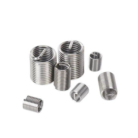Heavy Duty Stainless Steel Self Tapping Thread Repair Inserts For M5 Fastener Helical Wire Nuts M1 6 To 12 Size Slotted kit, eight pieces in various sizes.