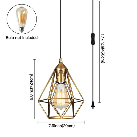 2 Pack Plug In Pendant Lights Matte Gold Vintage Brass Cage Fixtures With 15 Ft Cord And On Off Switch, Easy 2 In 1 Install