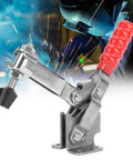 Heavy Duty Toggle Clamp 304 Stainless Steel Hand Tool Welding Fixture With 60 Degree Handle 227 Kg Clamp Force 3.0 Millimeter Plate Durable Weld Fixture For Fabrication And Welding Projects shown with welder in background.