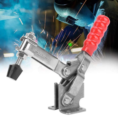 Straight Up Pro Grade Welding Clamp And Positioning Jig Made From 304 Stainless Steel with red handle for metalwork and welding.