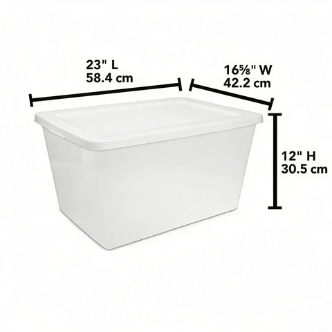 Kick Closet Clutter To The Curb With This Dang Sturdy 58 Quart Medium Clear Plastic Storage Bin dimensions 23" L x 16.5" W x 12" H.