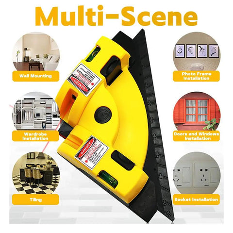 Square Laser Level With Two 90 Degree Red Laser Lines For Flooring, Tile, Wood, And Wall Installations, One Touch Projection For Quick Horizontal And Vertical Datums, Visible Up To 30 Feet, Fast Setup And Precise Right Angles. Yellow square laser level with black base for wall, tiling, and socket installation