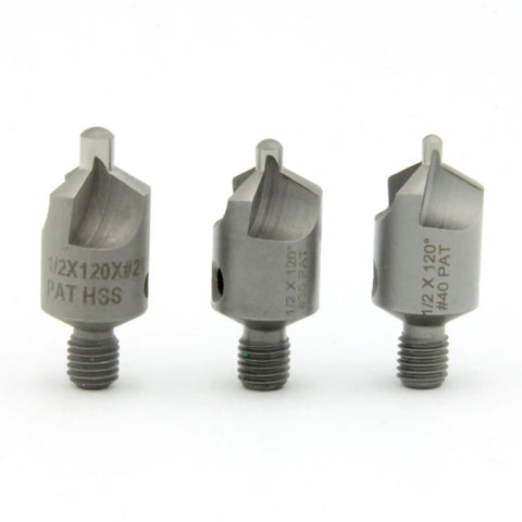 Three Piece 120 Degree Countersink Bit Set With Drill Guide Sizes 21 30 40 Self Centering Pilot Cutters Made From High Speed Steel For Precise Holes And Clean Finishes
