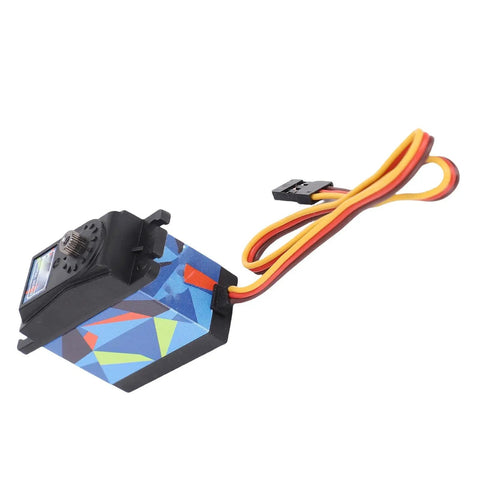 Heavy Duty 35 Kilogram Digital Servo Motor With Legit Steel Gears And An Aluminum Housing For One Ten Scale RC Builds, side angle view with wires.