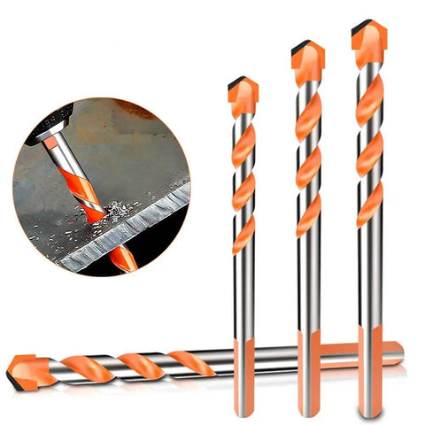 Triangular Tungsten Steel Drill Bit Featuring A Threaded Shank To Knock Out Clean Holes Through Concrete Marble Hardwood And Drywall in a workshop setting.