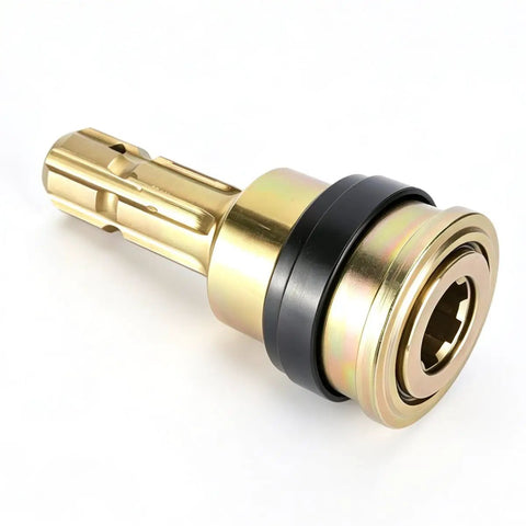 Heavy Duty Pto Shaft Extender Adapter For Tractors Smooth Hookup Quick Connect One Three Eighth Inch Six Spline Male To Female Coupler shown from side angle with brass finish and rubber seal.